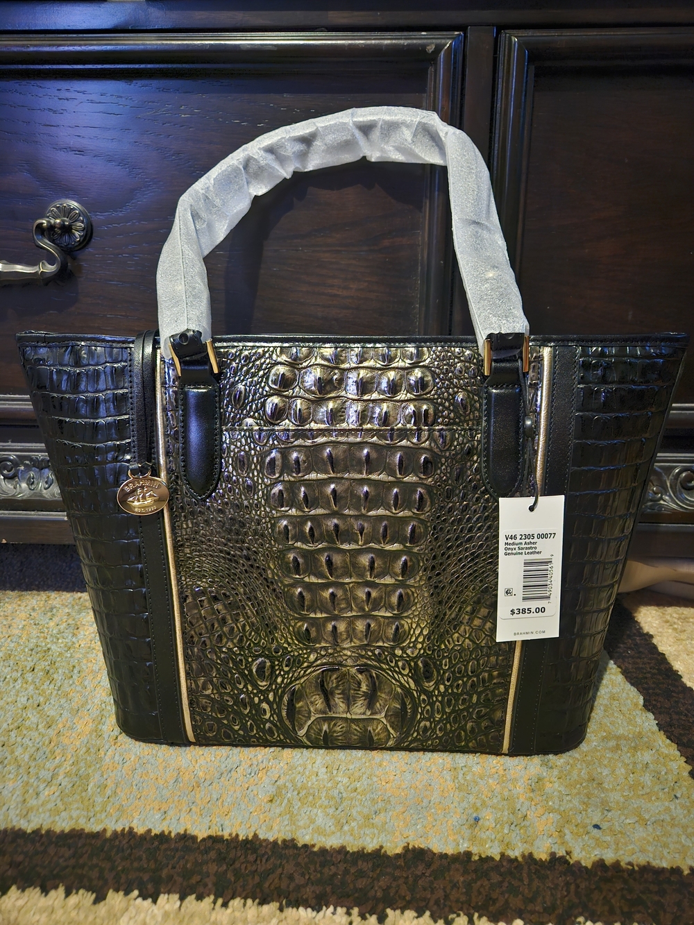 (Brahmin Onyx) Croc-Embossed Metallic Black Tote Bag